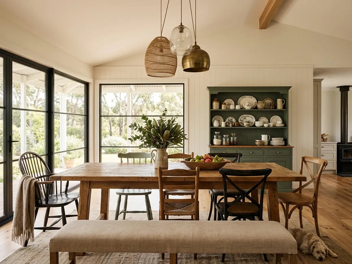 Farmhouse dining room with a wide timber table and mismatched timber chairs