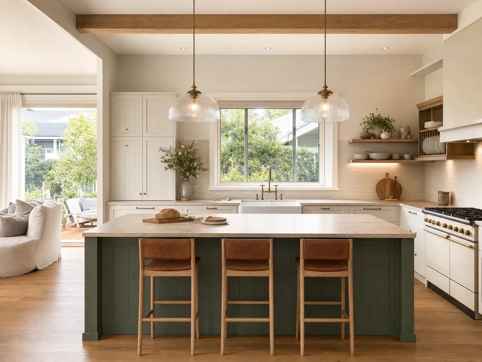 The same kitchen after a warm modern farmhouse renovation with shaker cabinetry and butler sink