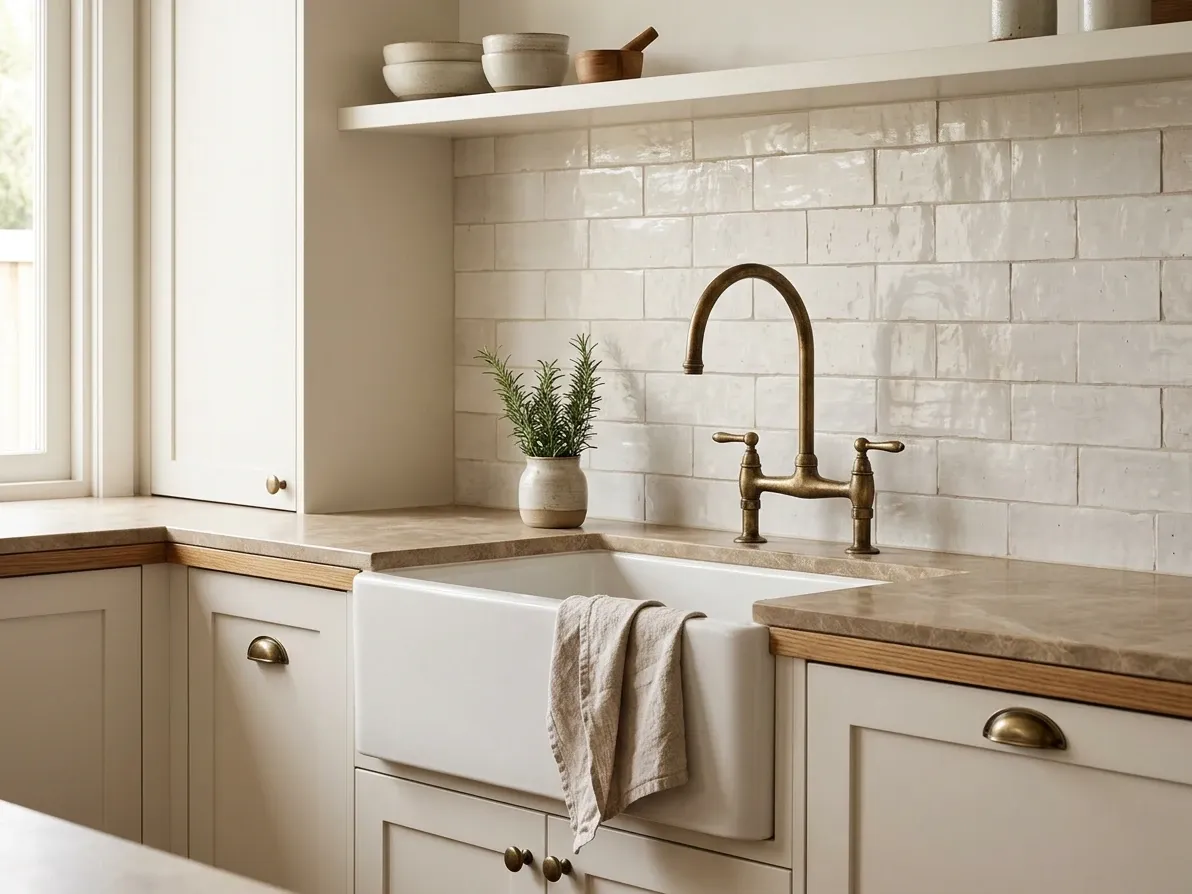 Modern farmhouse kitchen vignette with painted shaker cabinetry and a fireclay butler sink