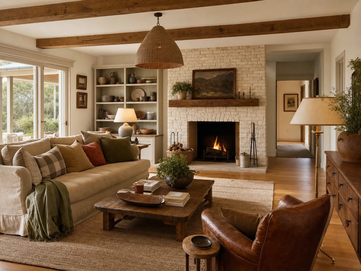 The same living room rendered in warm modern farmhouse style with oak beams and linen sofa