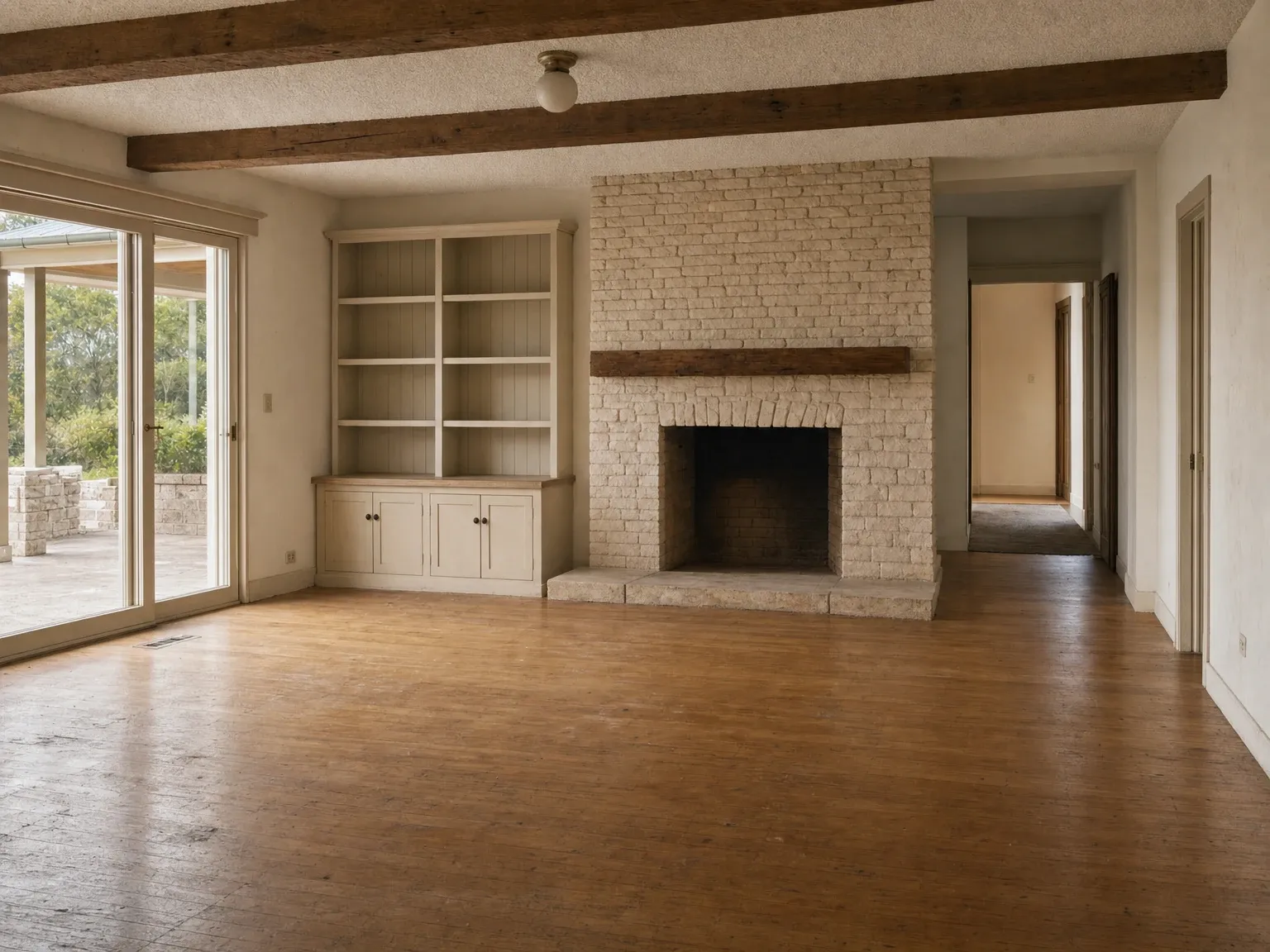 Existing Australian living room before a farmhouse-style visualisation