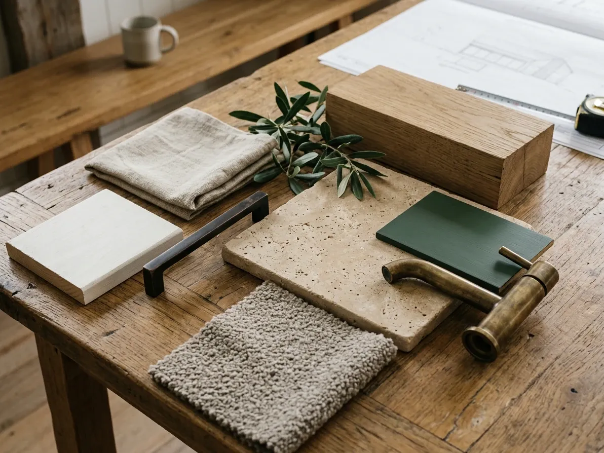 Farmhouse material palette with warm white, oat linen, bronze hardware and honey oak samples