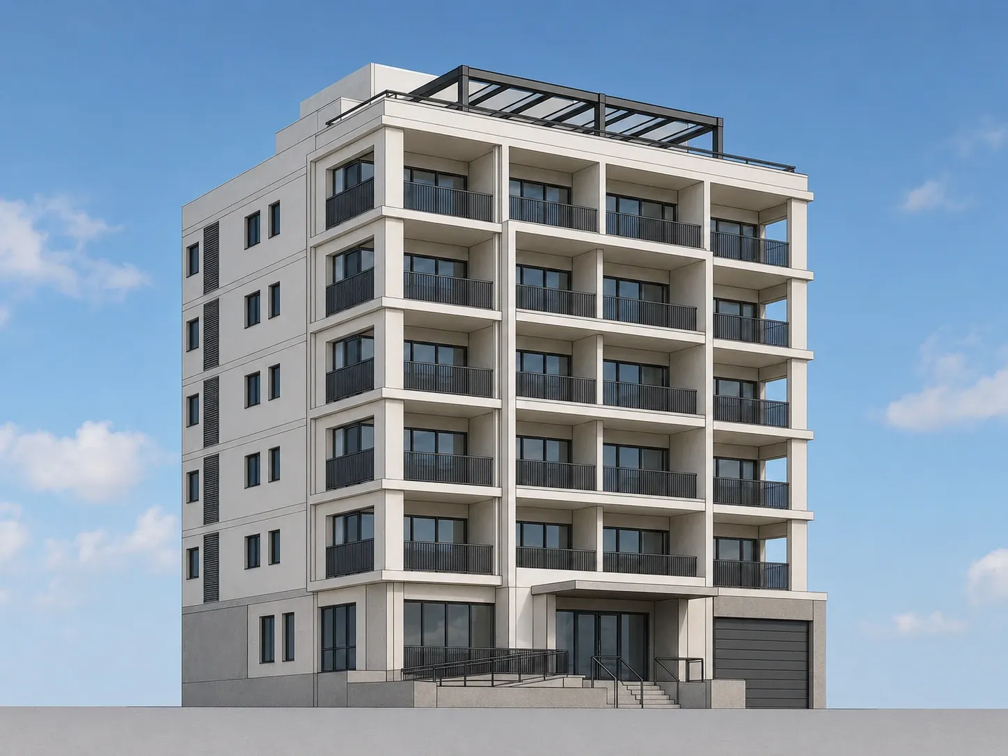 Finished photorealistic exterior render of the same mid-rise apartment building with materials and lighting applied