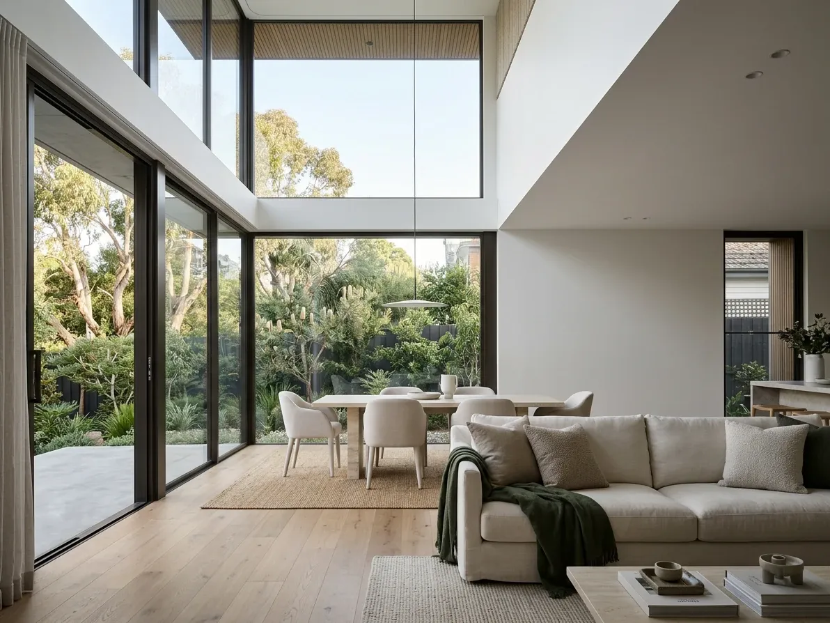 Premium Australian living space with truthful interior colour, held window view and soft natural shadows