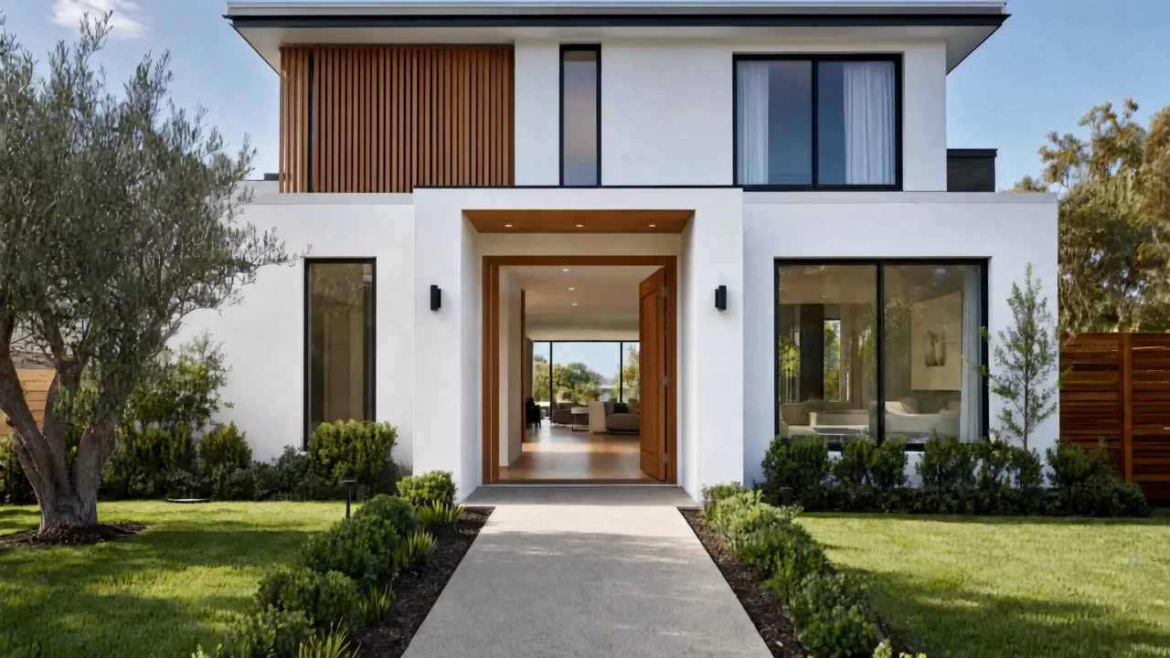 Modern Australian family home with the front door open