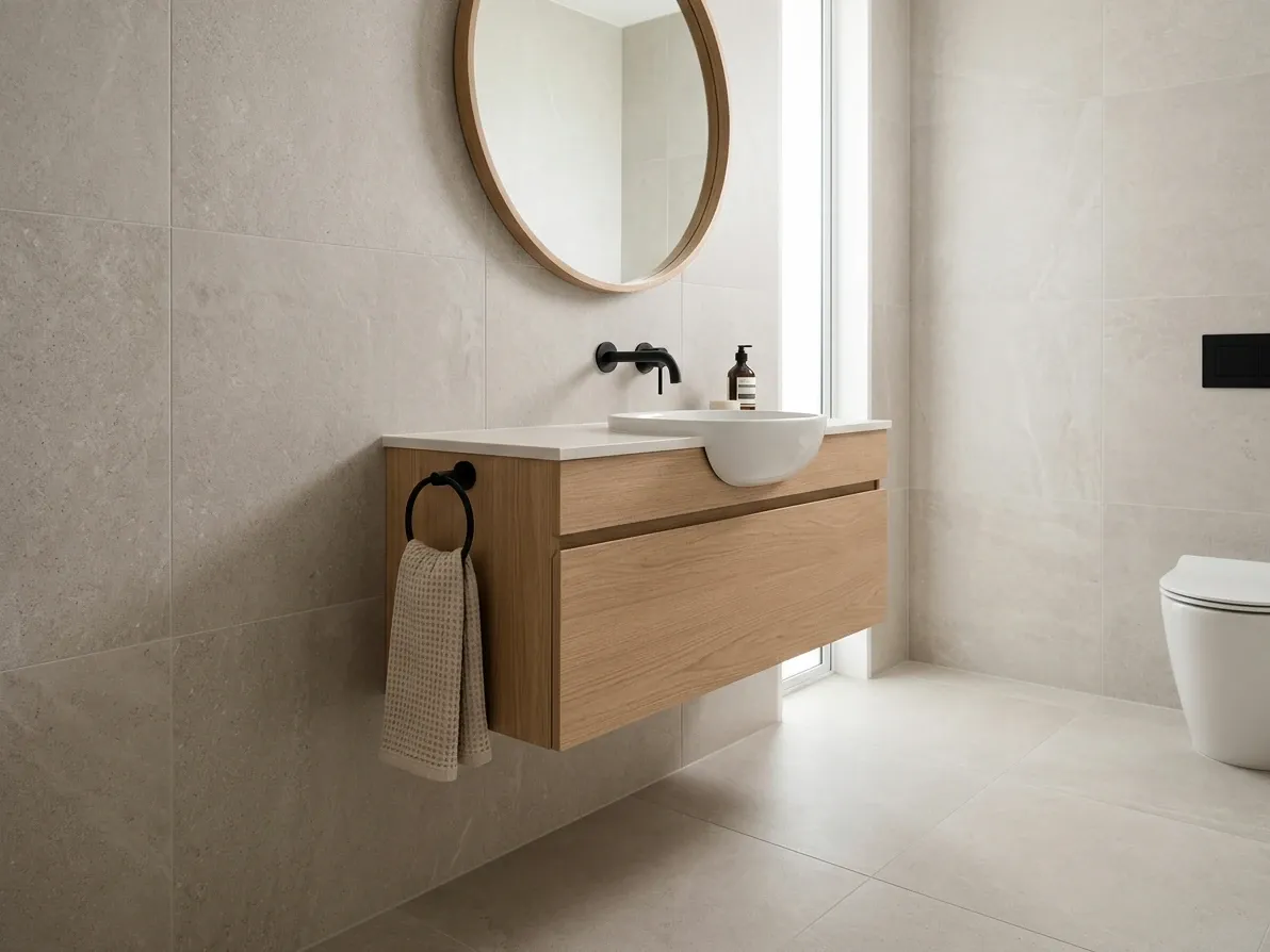 Floating vanity in a small Australian bathroom with floor tile running underneath