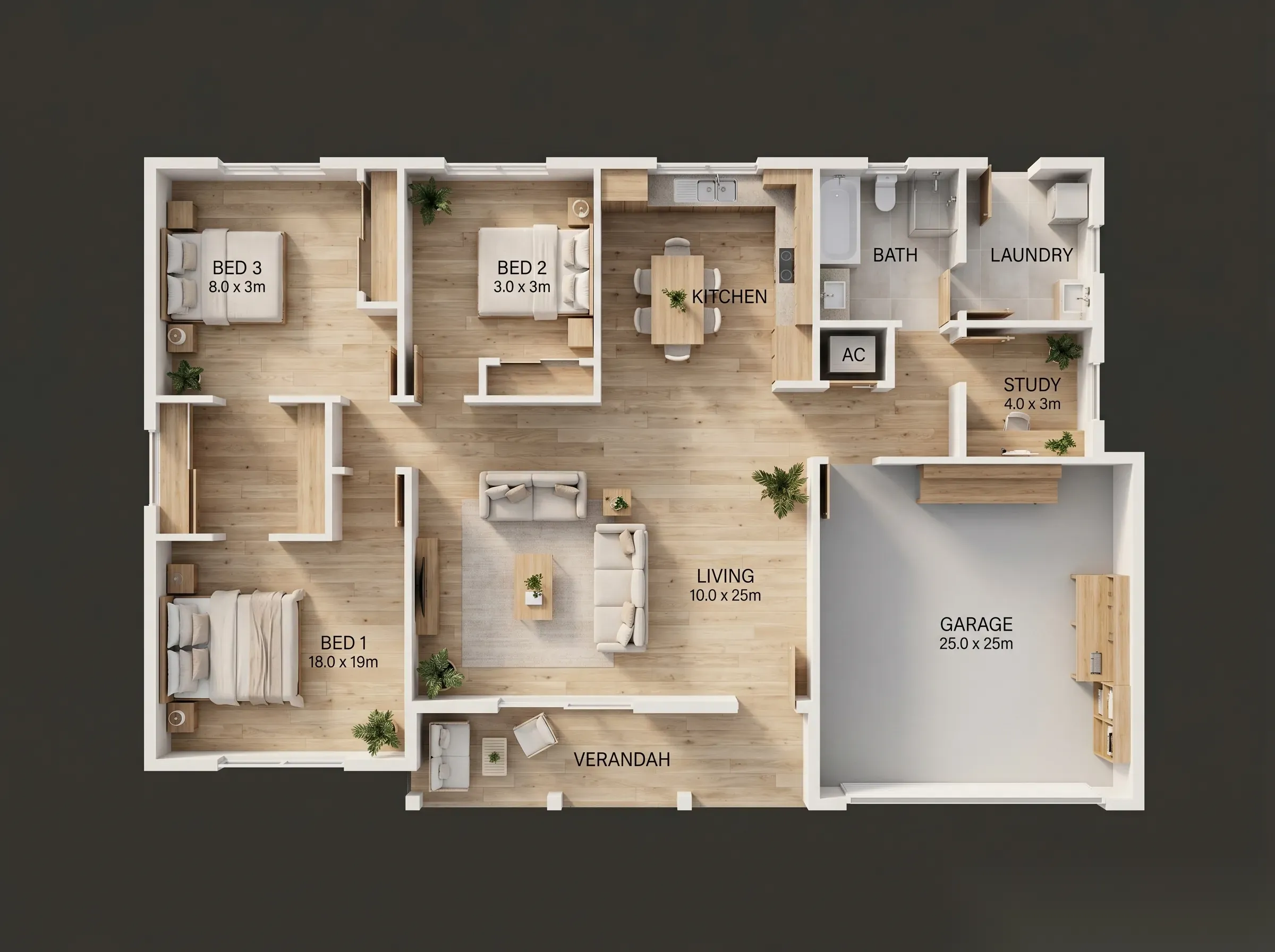 3D floor plan rendered dollhouse view with furniture and finishes