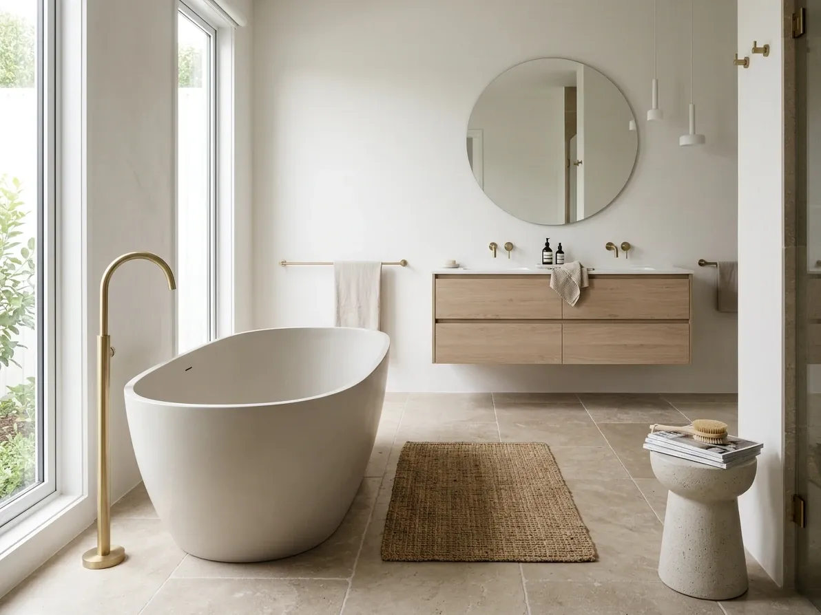 A freestanding bath placed in context within a designed Australian bathroom