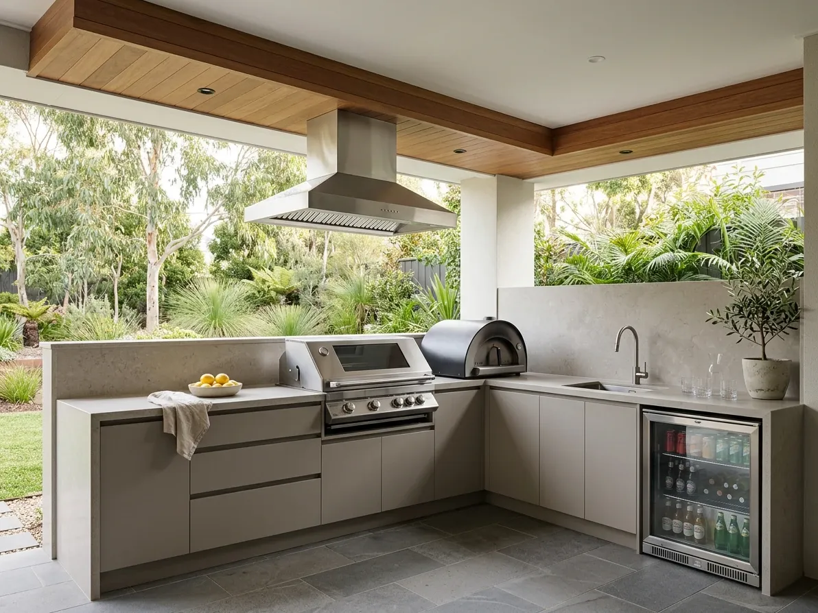 Fully equipped alfresco kitchen with BBQ, pizza oven, sink and rangehood