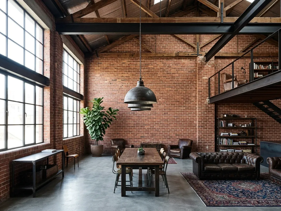 Full warehouse loft with exposed brick, steel trusses and industrial glazing