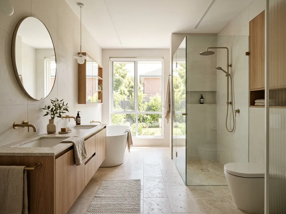 Galley bathroom with fixtures on two opposing walls and a central walkway