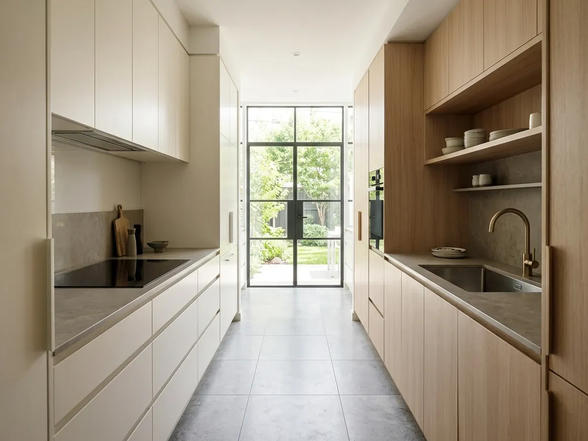 Galley kitchen with two parallel cabinetry runs and a central walkway