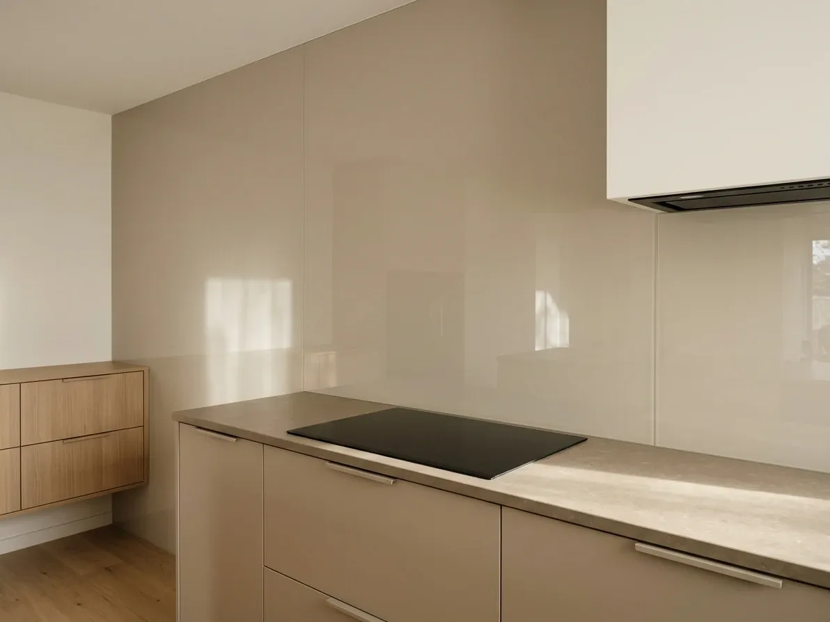 Back-painted toughened glass splashback in a soft warm tone behind a cooktop run