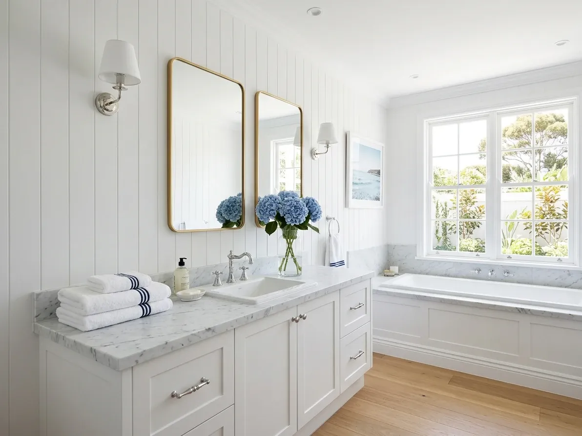 Hamptons-style Australian bathroom with VJ panelling, marble accents and blue-and-white linen textiles