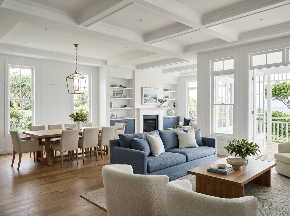 Hamptons-style Australian open-plan living and dining with panelled walls and a coastal palette
