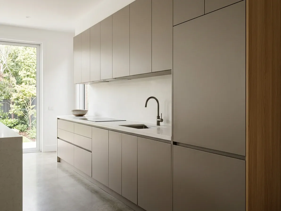 Handleless Australian kitchen cabinetry with an uninterrupted plane of joinery