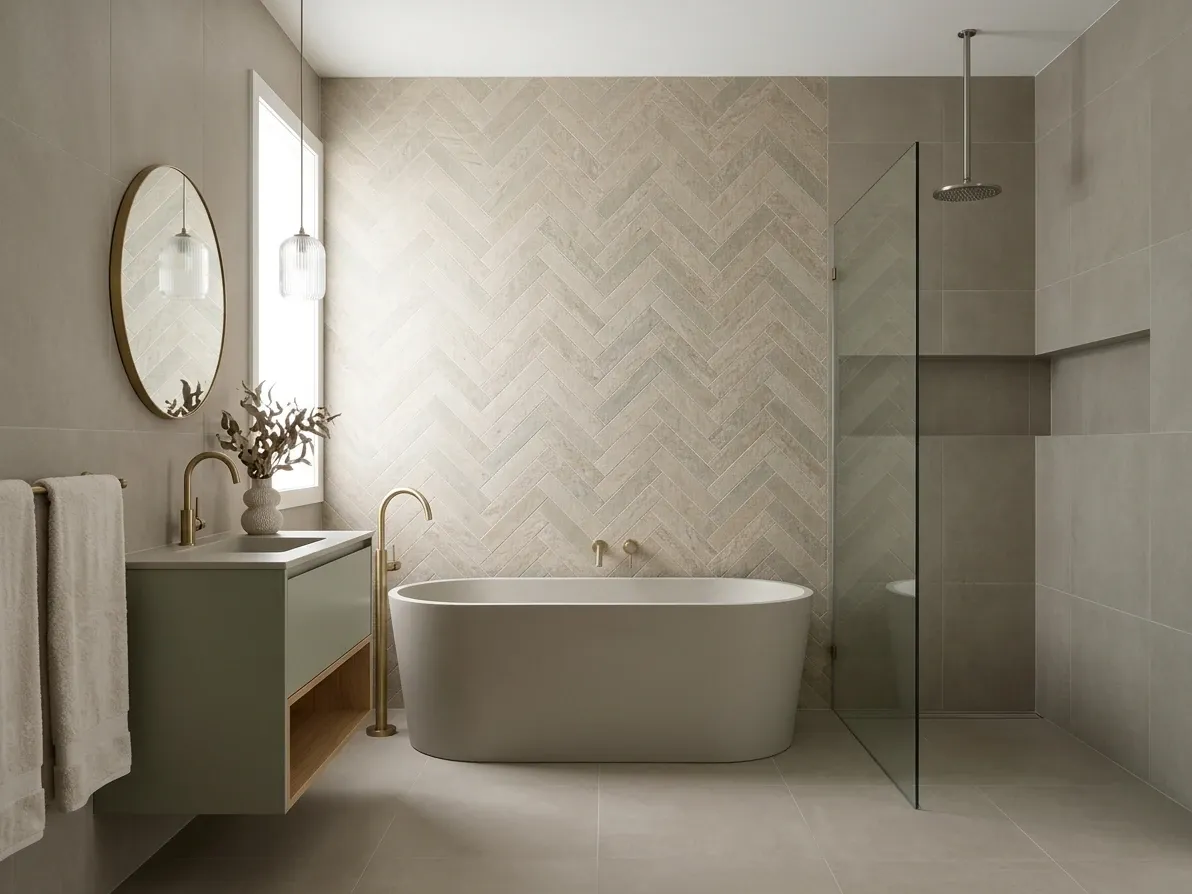 Australian bathroom with one herringbone feature wall and calm large-format porcelain on the remaining surfaces