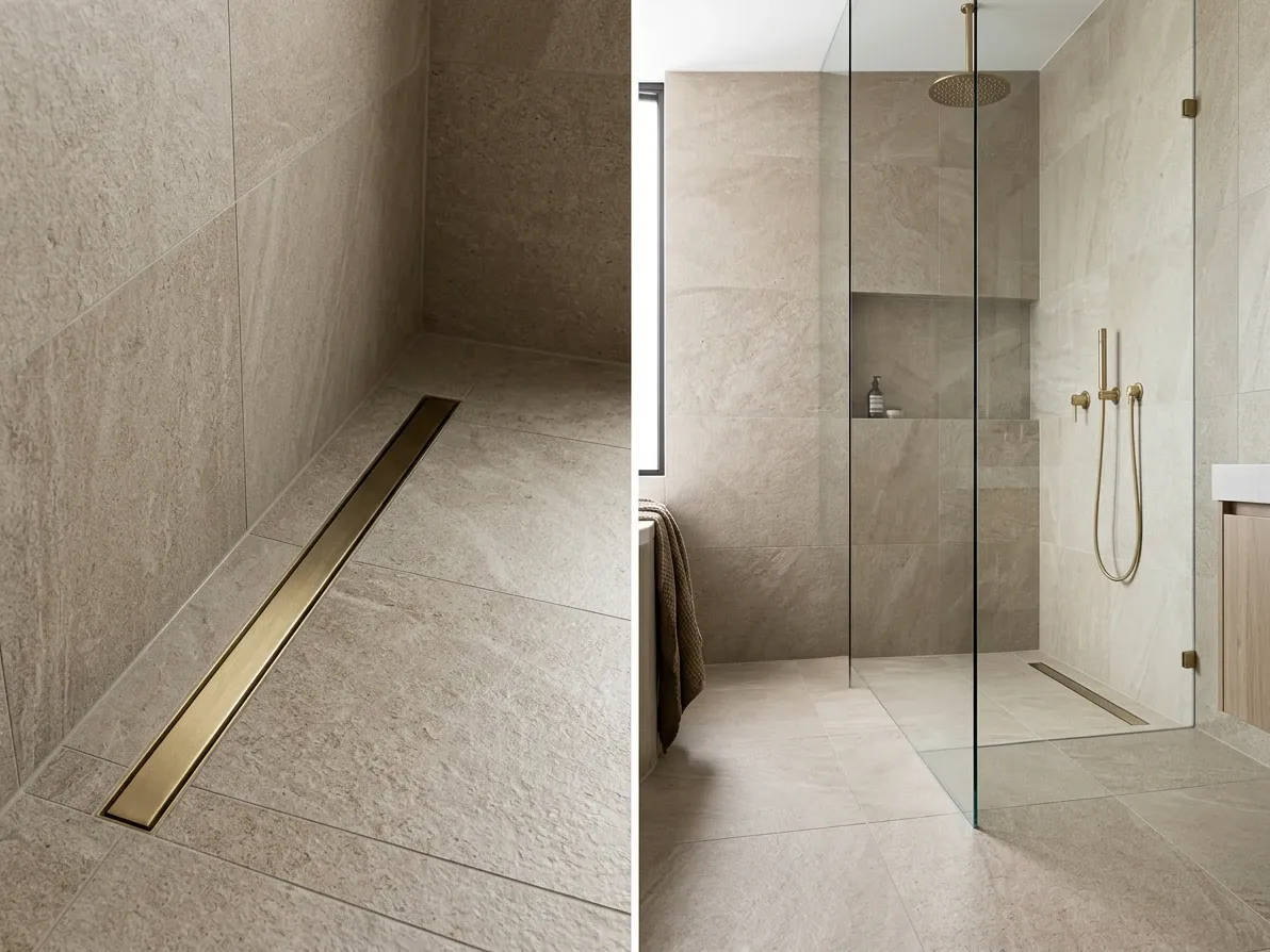 Hobless walk-in shower with linear drain and continuous large-format porcelain floor in an Australian bathroom