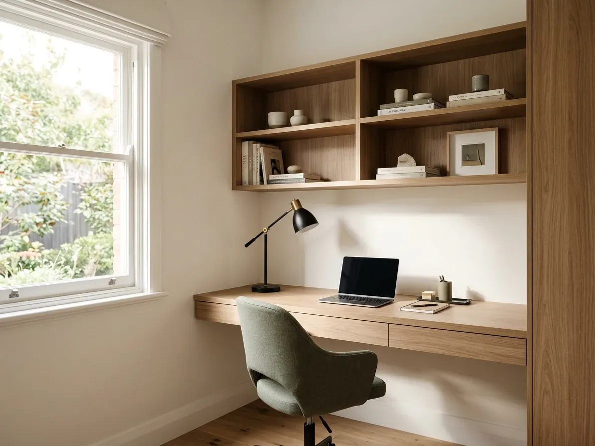 Compact designed Australian home office with timber-veneer joinery, task lighting and warm layered styling