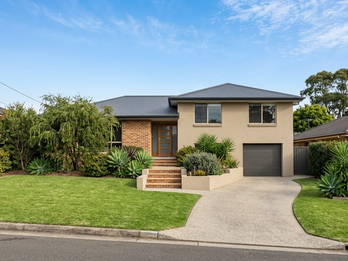 Honest Australian suburban home facade with calibrated sky, healthy lawn and visible street context