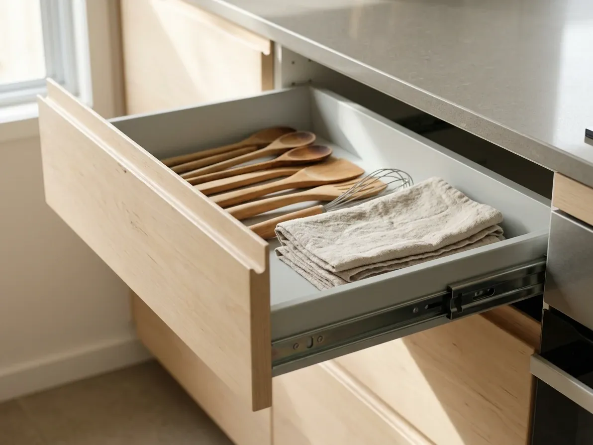 IKEA modular kitchen drawer interior showing organised storage after years of use