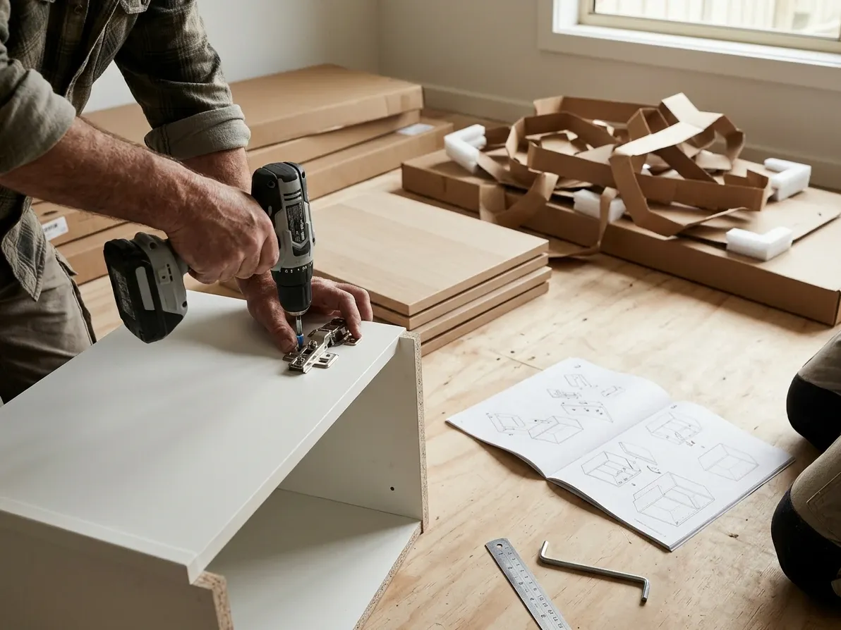 IKEA flat-pack kitchen cabinet being assembled on site during installation