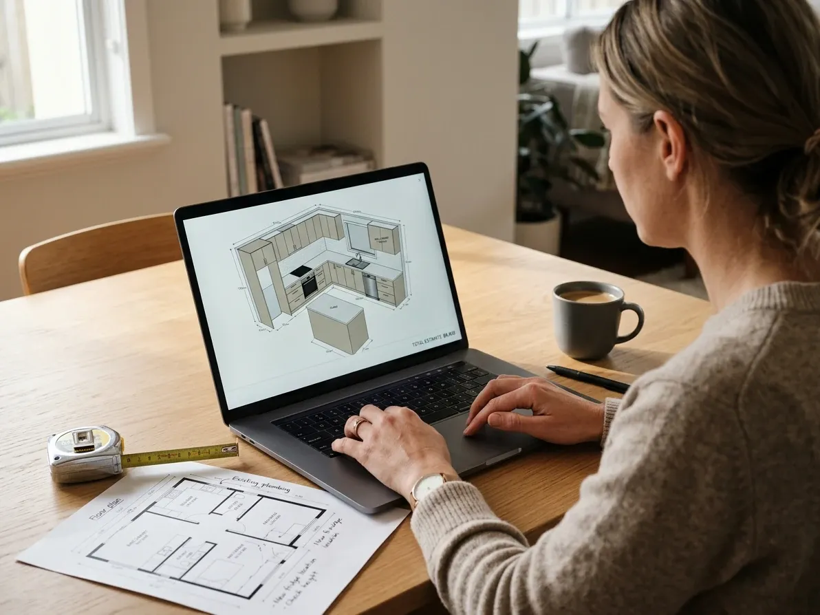 Homeowner working through an IKEA kitchen plan on a laptop
