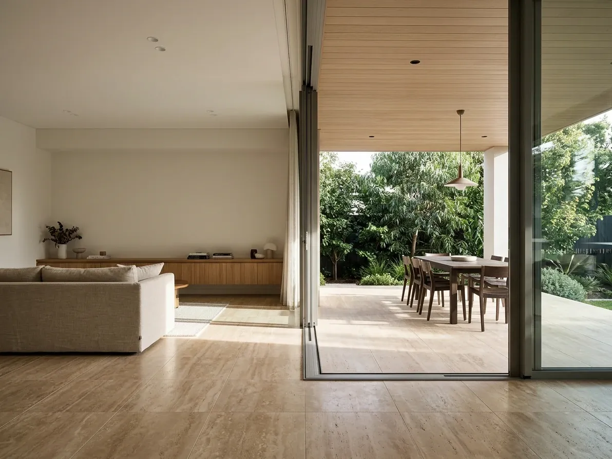 Wide stacking glass doors open from a contemporary living-dining space to a covered alfresco with continuous flooring across the threshold