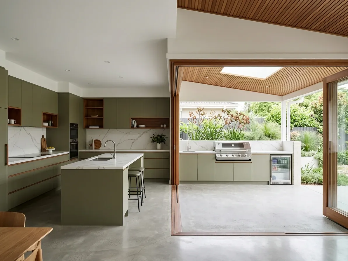 Indoor kitchen connected to an outdoor alfresco kitchen through wide stacker doors
