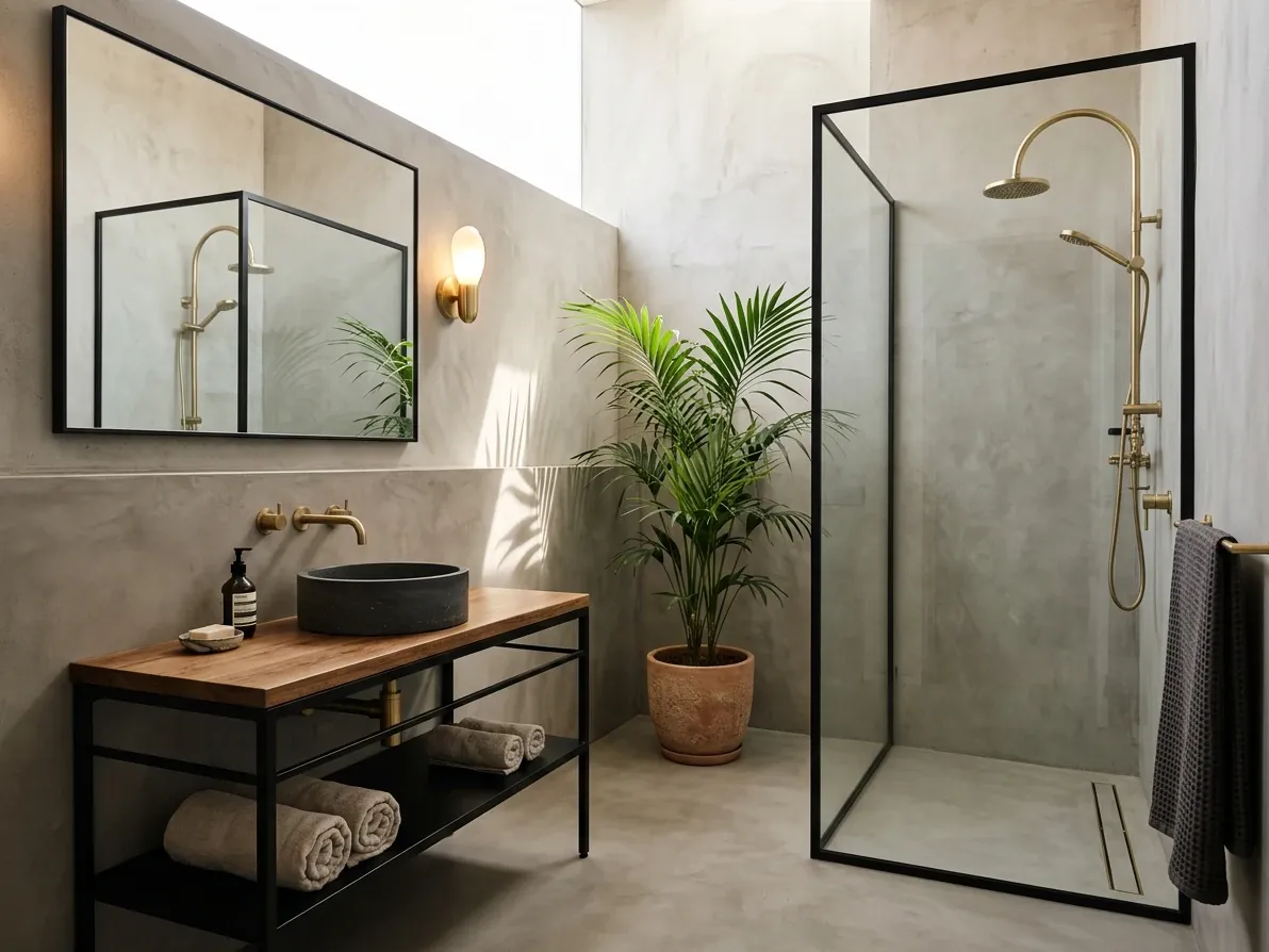 Industrial bathroom in microcement with blackened steel and a hero plant