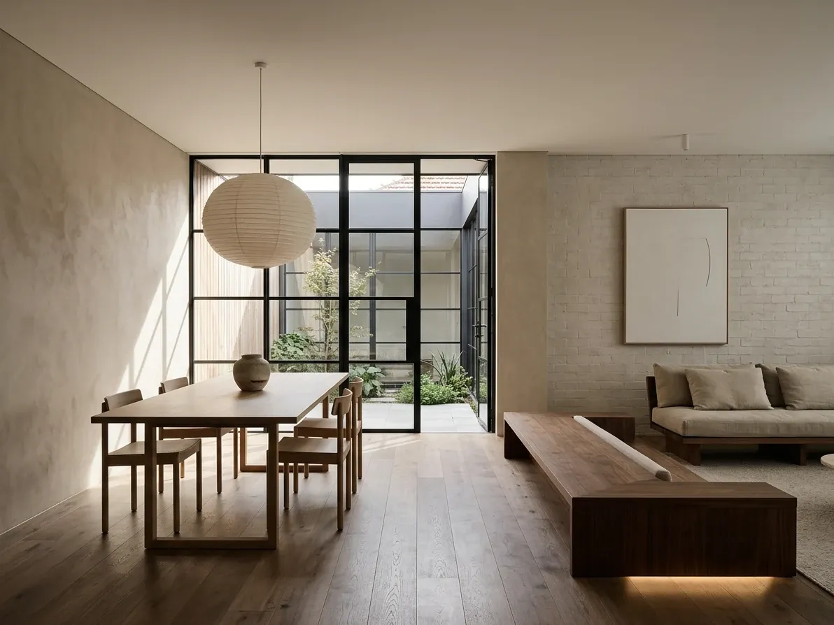 Industrial Japandi living room with darker timbers and quieter lighting