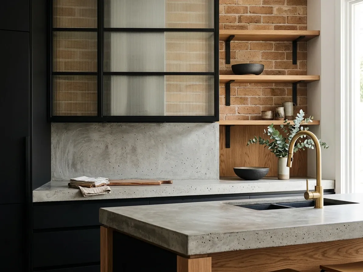Industrial material palette with matte black steel, brushed brass and warm timber