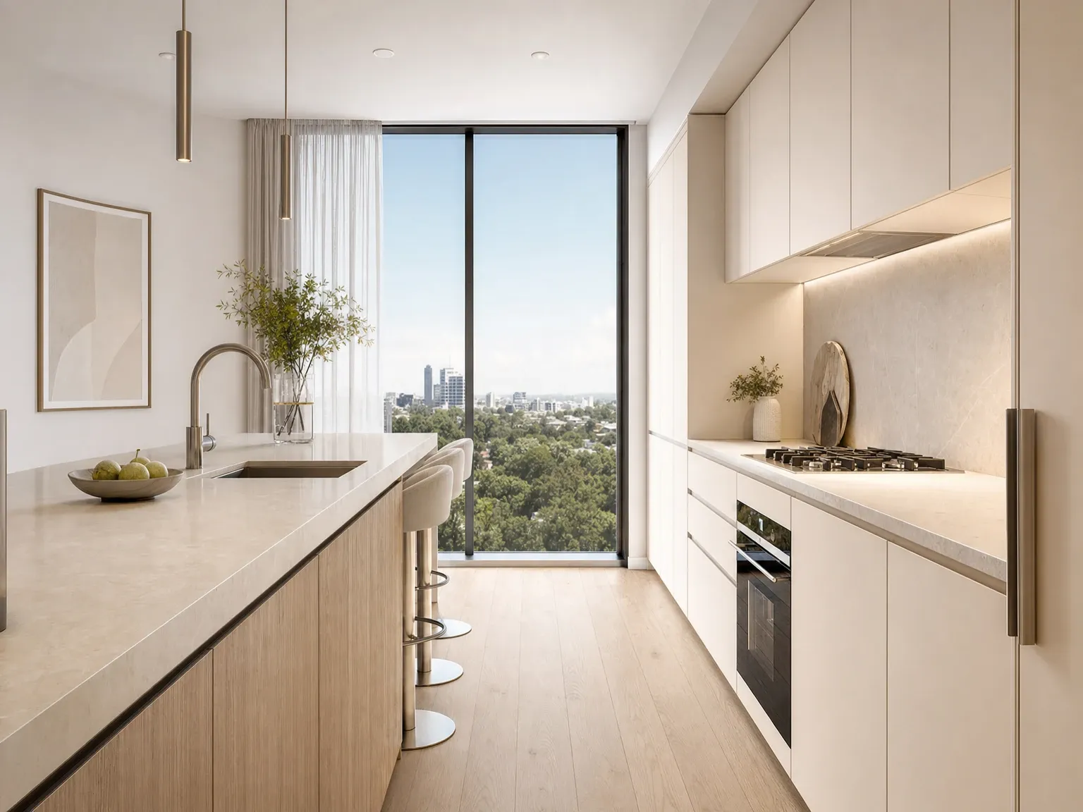 Developer sales-suite kitchen render of a contemporary Australian off-the-plan apartment galley kitchen