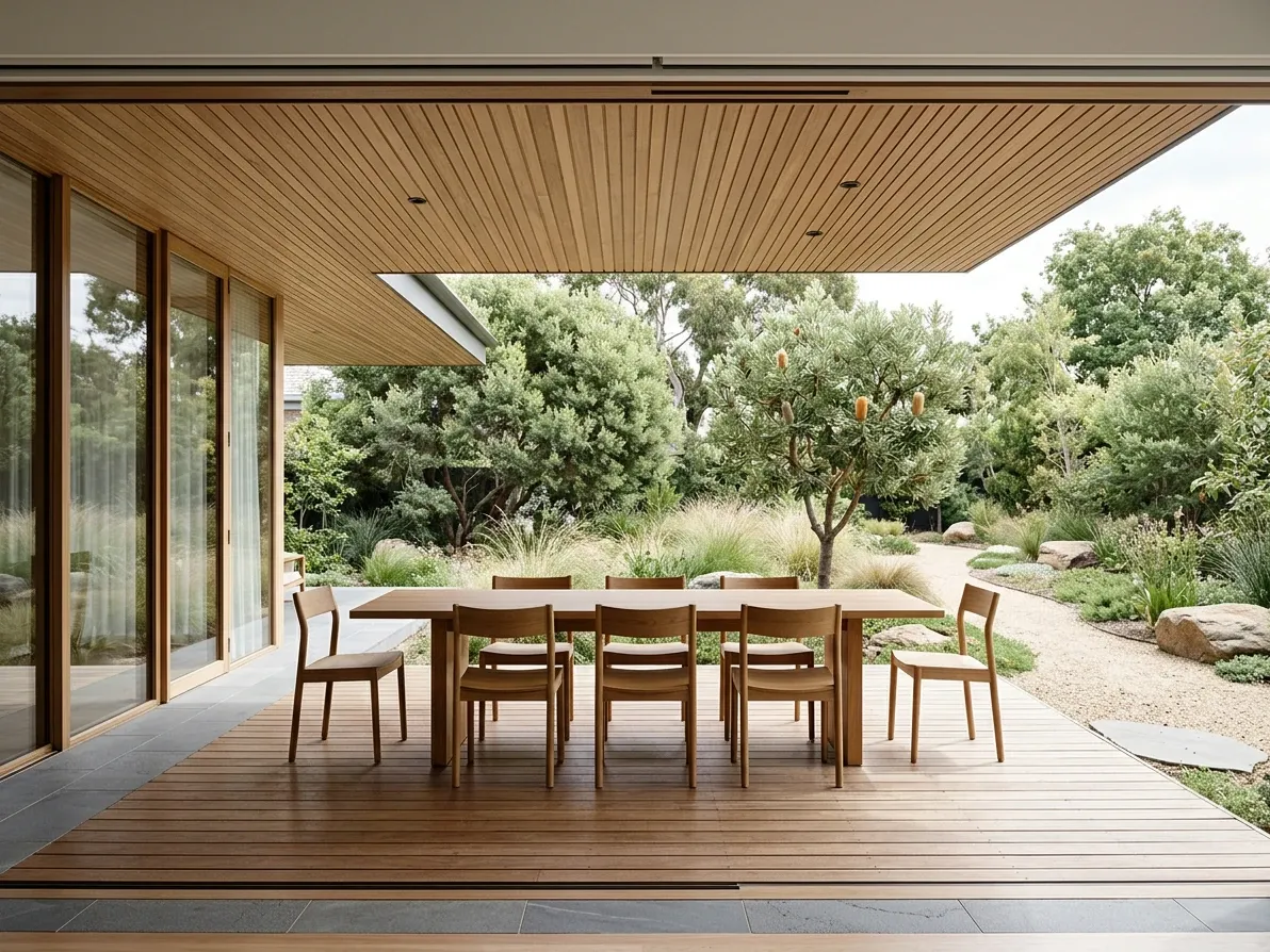 Japandi alfresco dining space with timber decking, native planting and a long low table under deep eaves