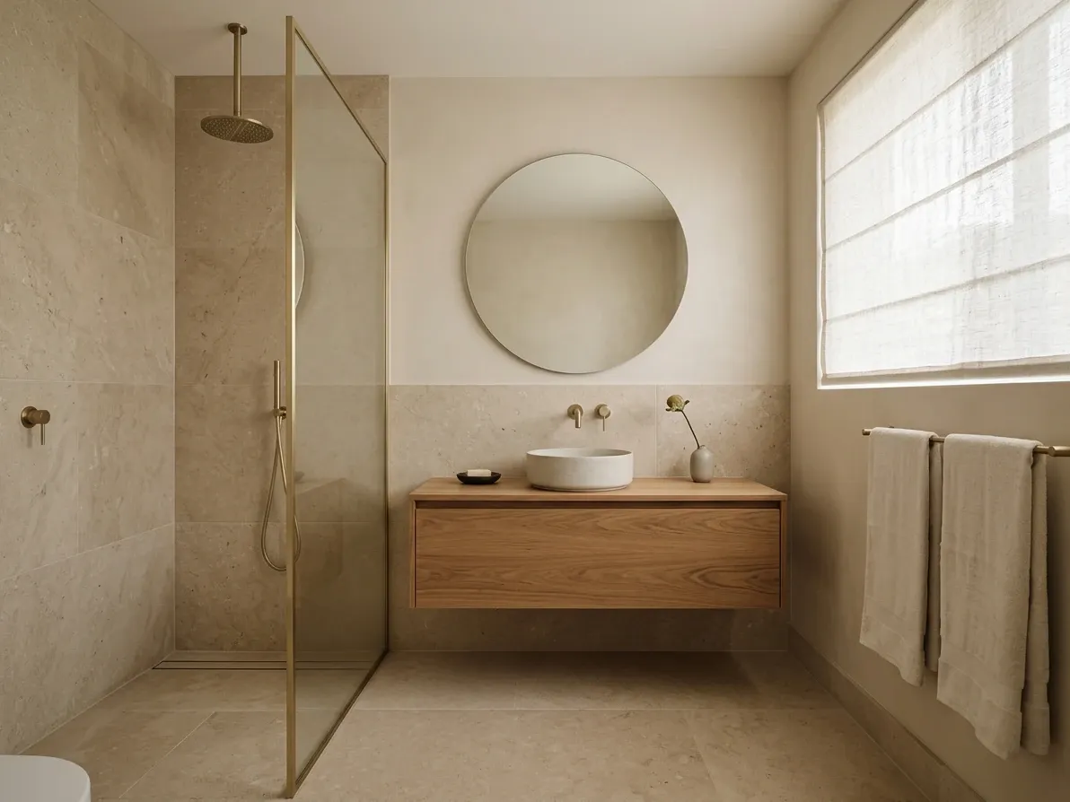 Compact Australian Japandi bathroom with one hero tile, timber vanity and matte fixtures