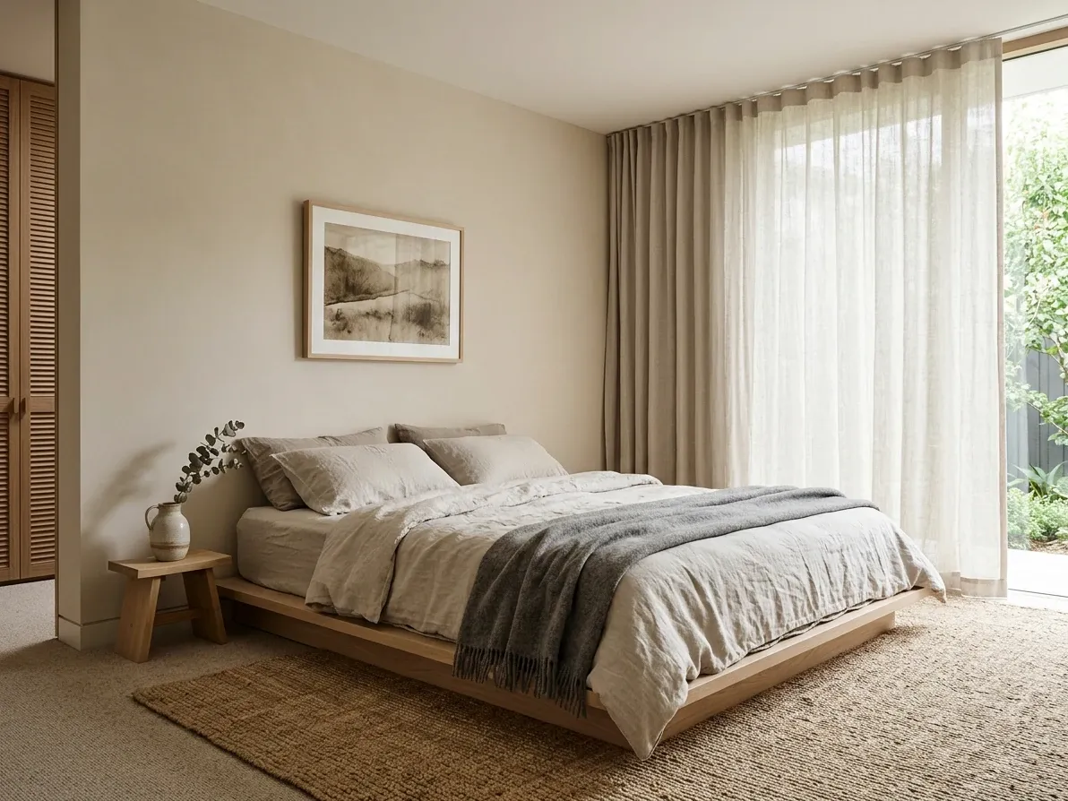 Japandi bedroom with low platform bed, linen bedding and one understated artwork