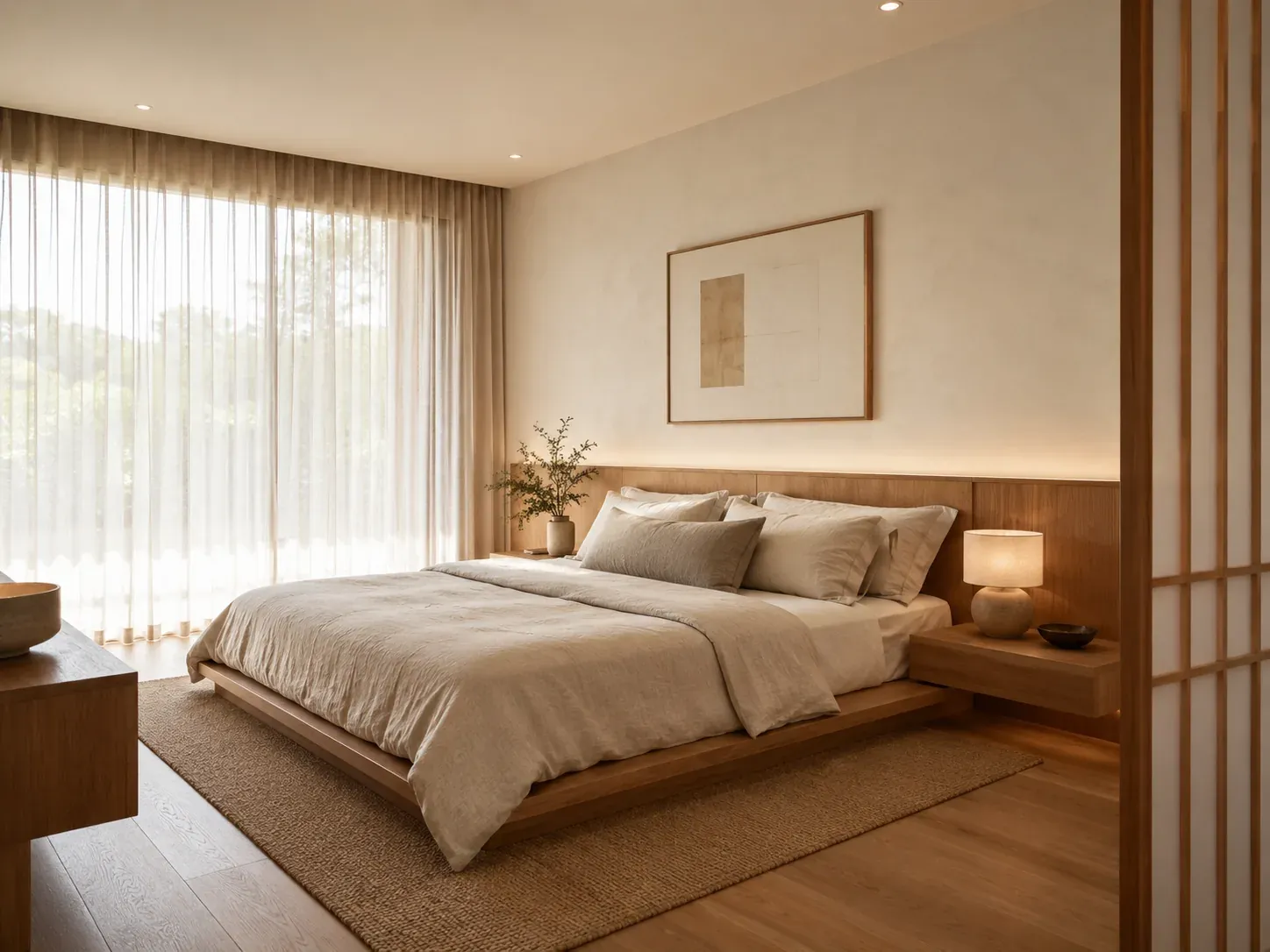 Japandi-style Australian bedroom with warm timber platform bed, paper-toned walls and intentional minimal decor