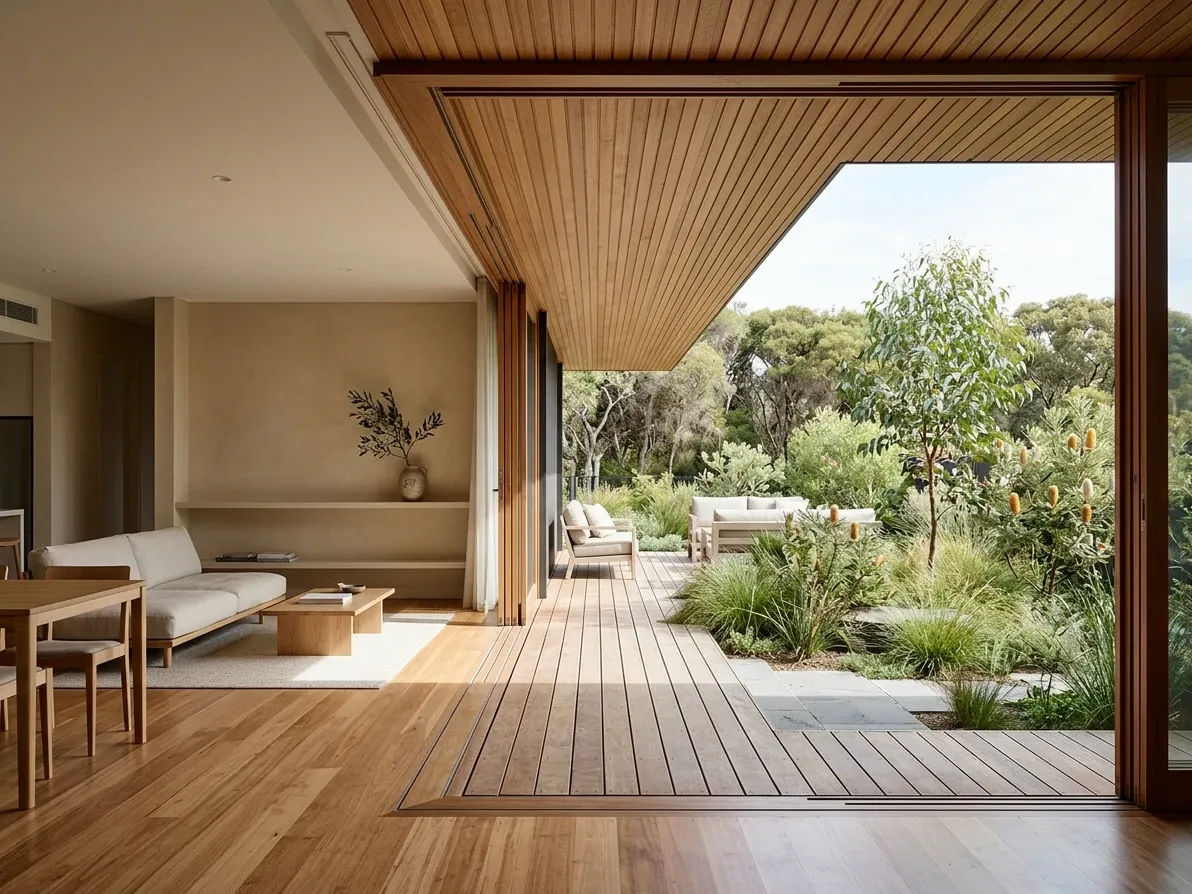 Japandi interior opening to an Australian courtyard through wide sliding doors under deep eaves