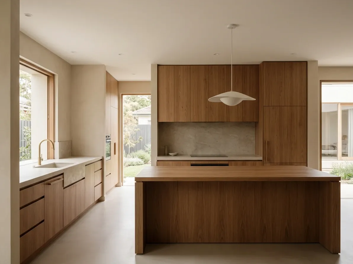 Australian Japandi kitchen with timber cabinetry, warm stone benchtop and concealed appliances