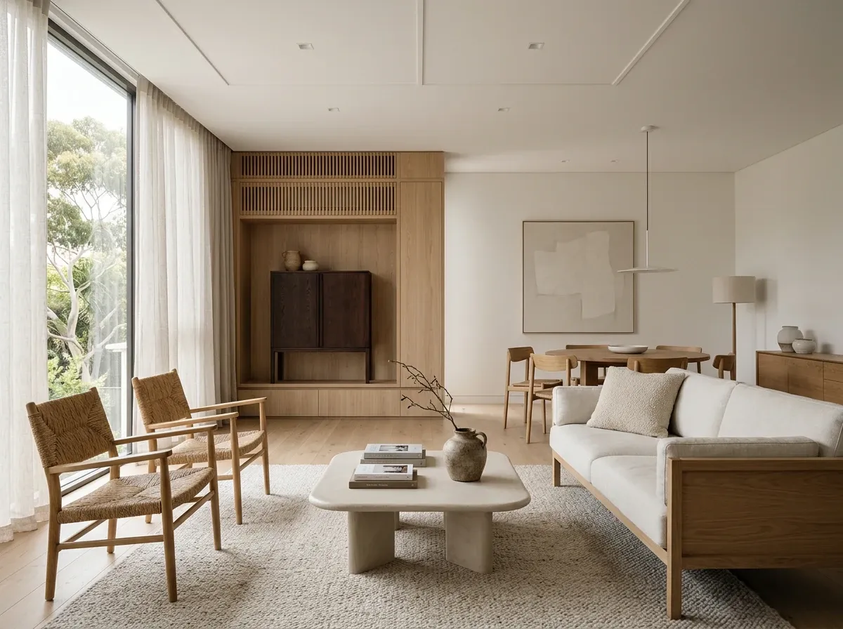 Japandi-style Australian living room with natural oak flooring, linen upholstery and restrained styling