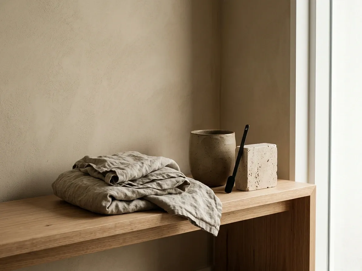 Japandi material vignette showing timber, linen, stone and ceramic textures in warm neutrals