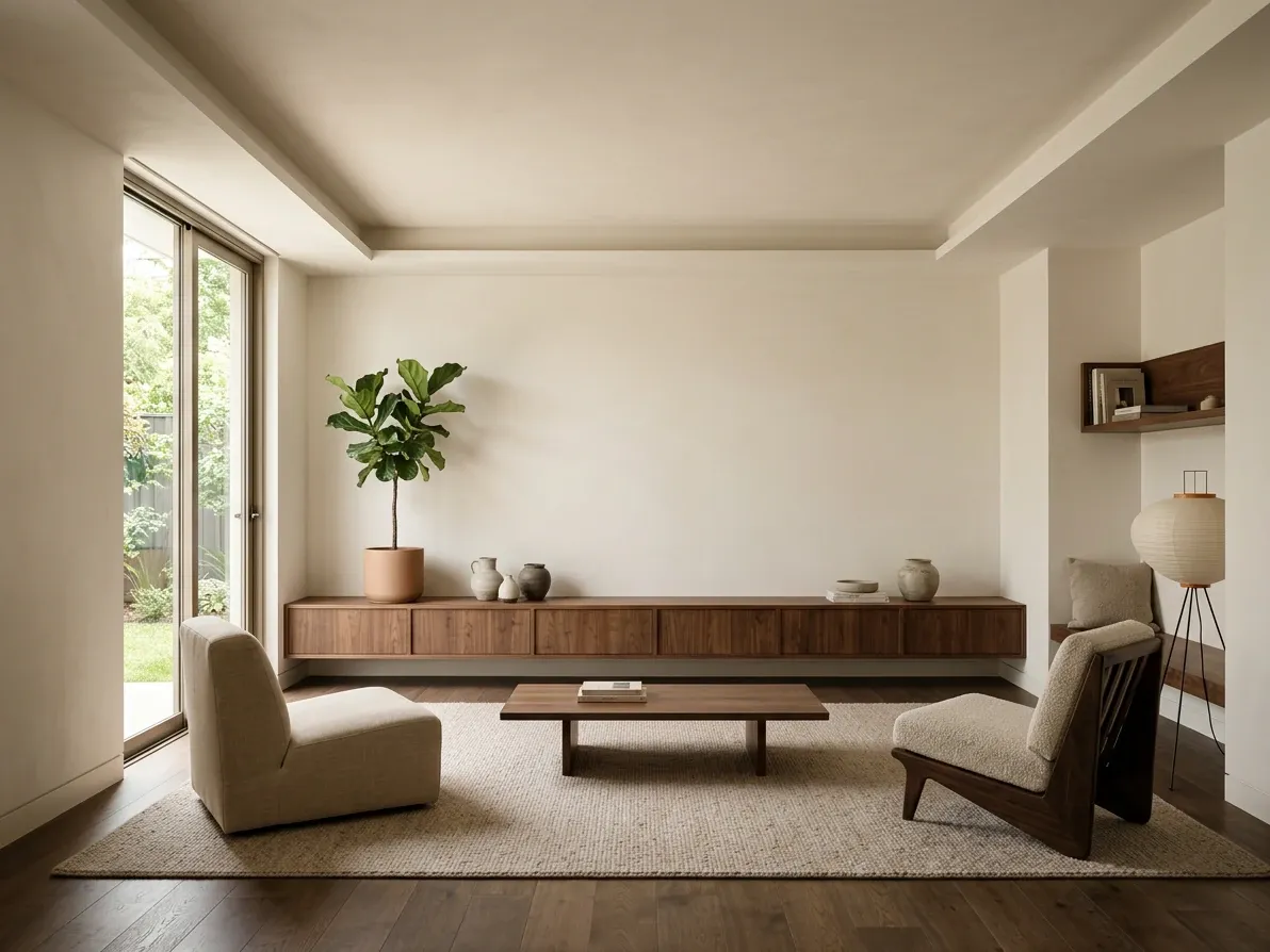 Warm minimalist living room leaning toward Japandi with smoked oak and lower furniture forms
