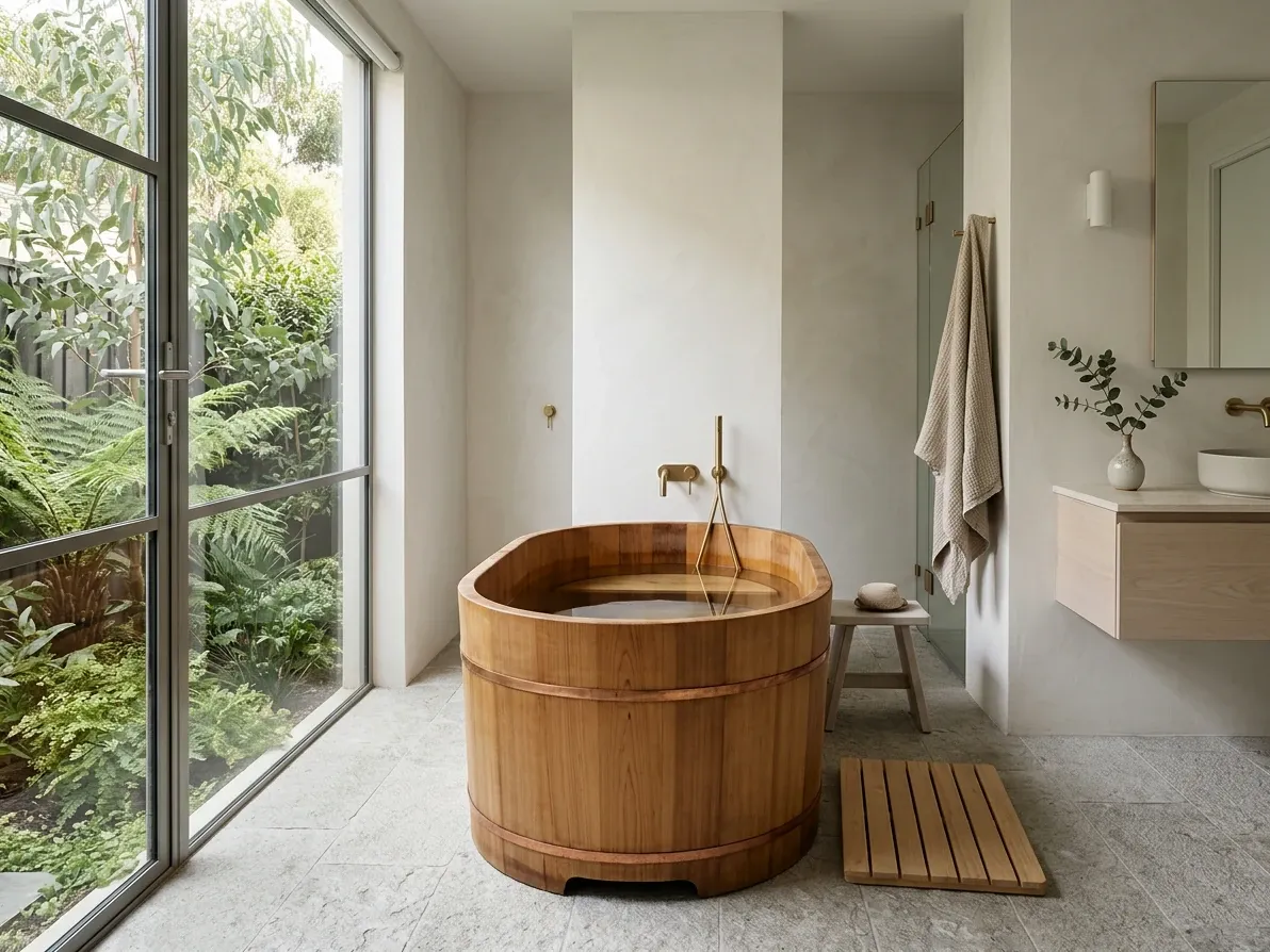 A Japanese-style deep soaking tub in a calm Australian wellness bathroom