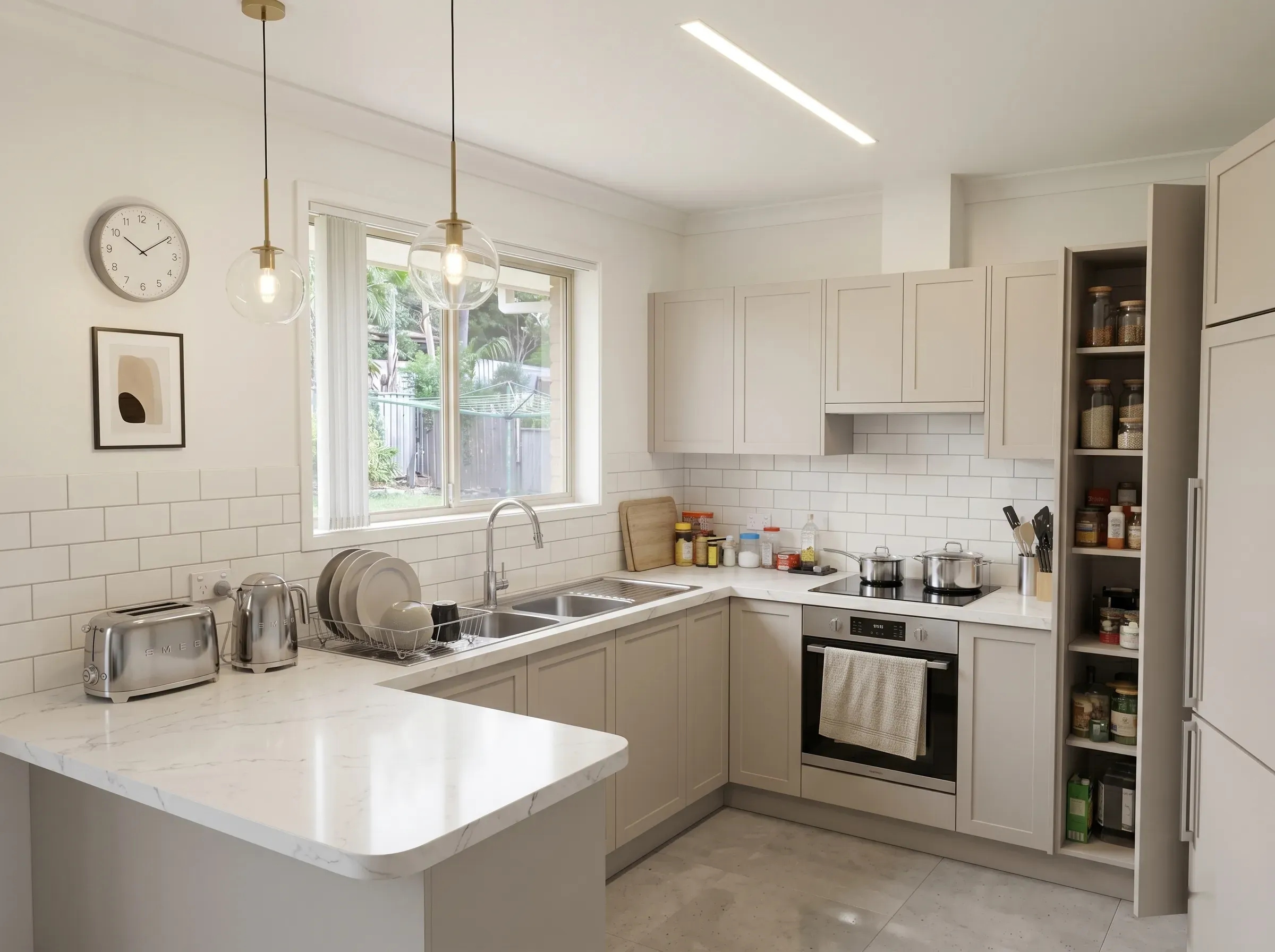 Photoreal 3D render of the same kitchen after renovation