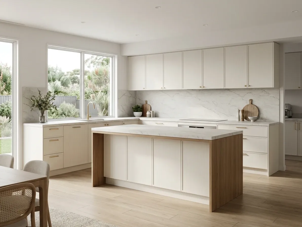Photorealistic 3D render of a contemporary Australian kitchen layout before construction