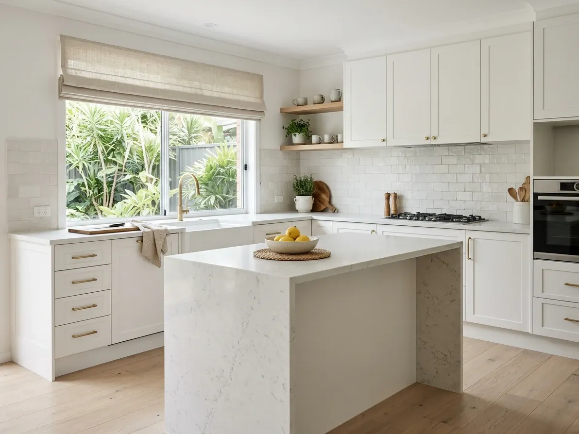 Mid-sized Australian kitchen with white shaker cabinetry, honed stone benchtop and brushed brass tapware shown as a finish choice
