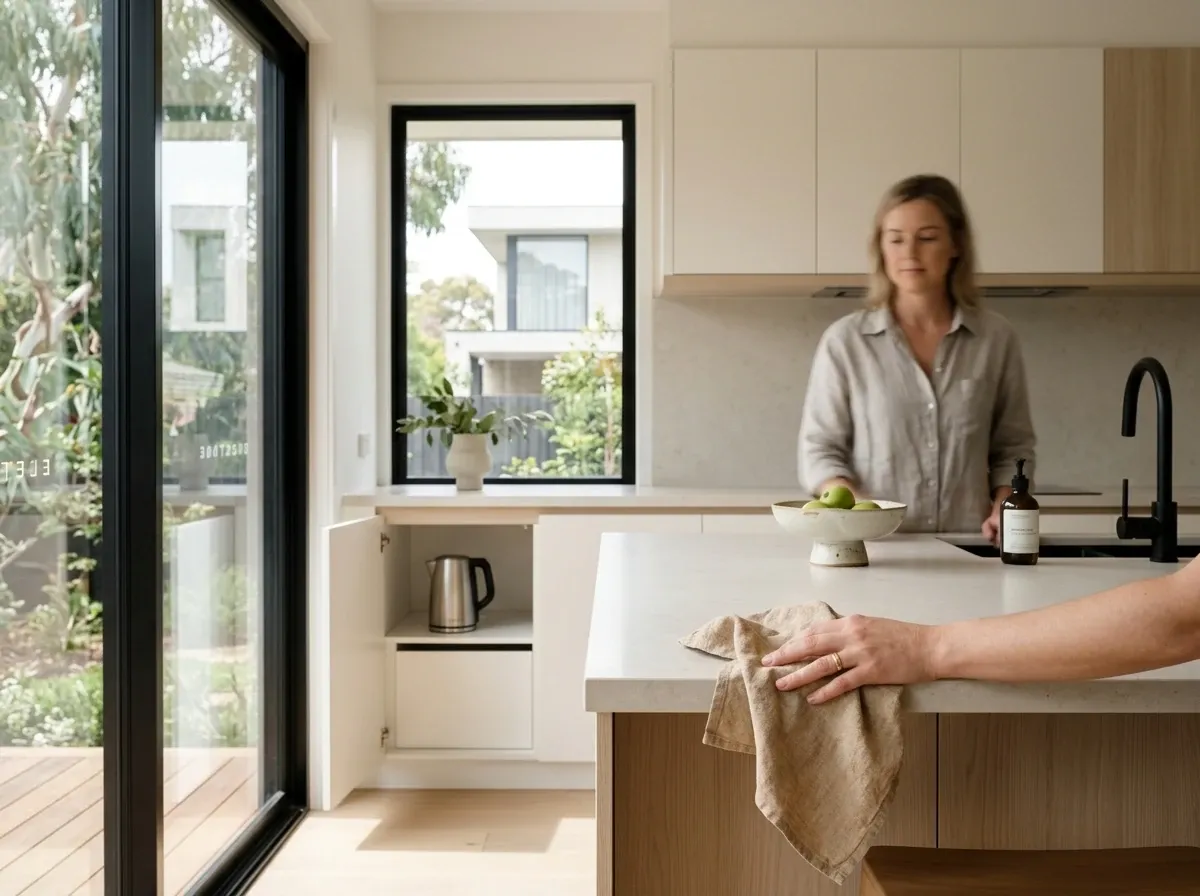 Australian kitchen in calm morning light with a homeowner clearing the island bench before a real estate photography shoot