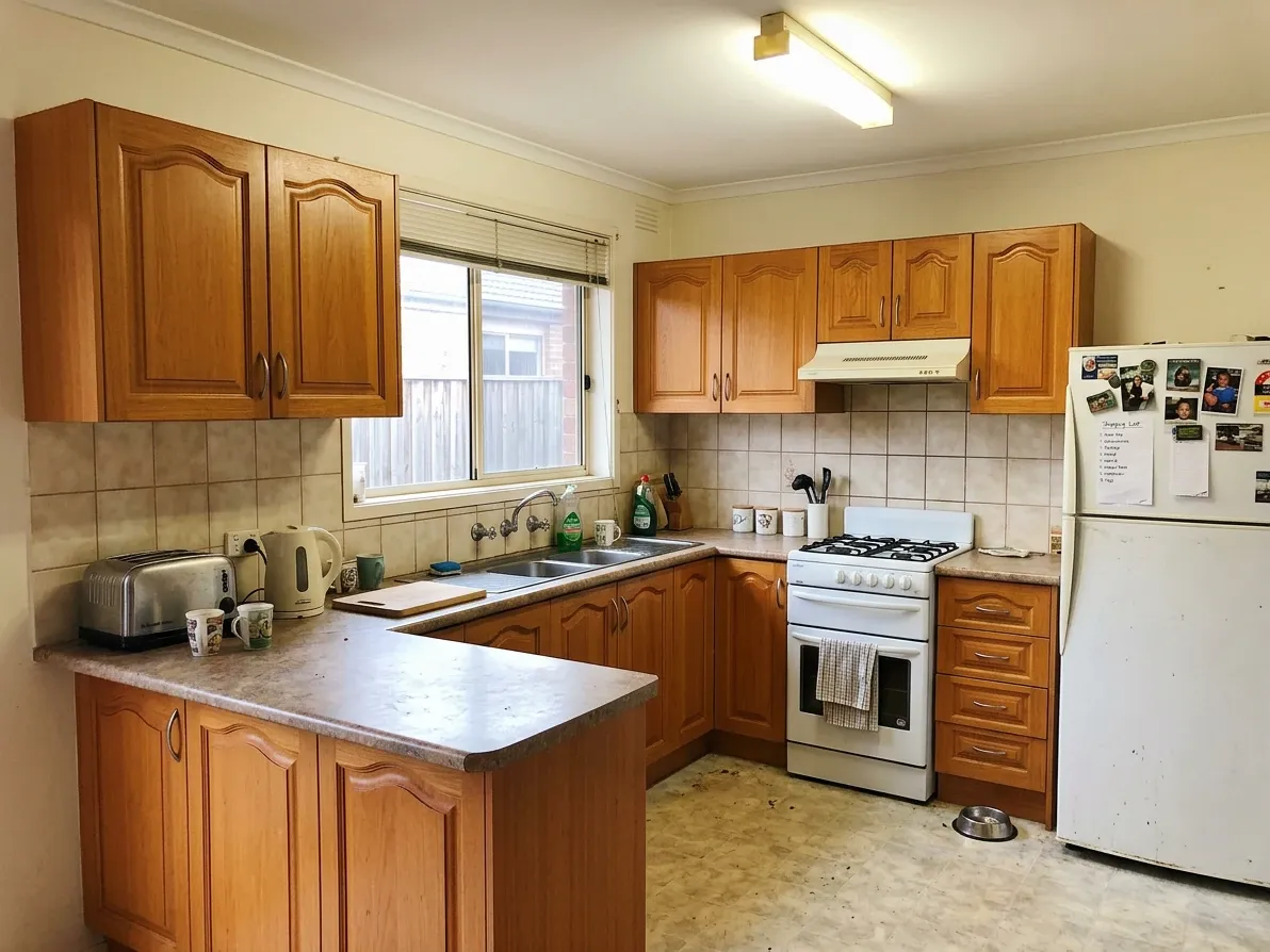 Phone photo of an existing Australian kitchen before a 3D visualisation restyle