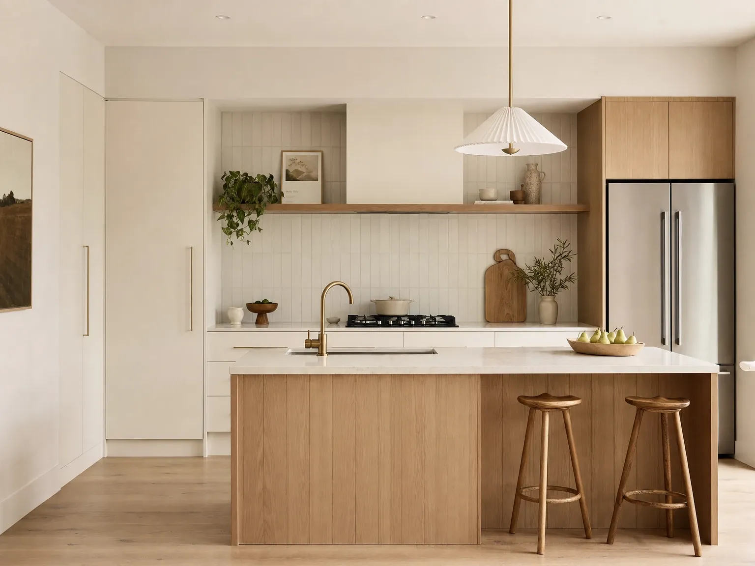 The same kitchen after a warm Scandi renovation with flat-panel oak cabinetry and matte tile splashback