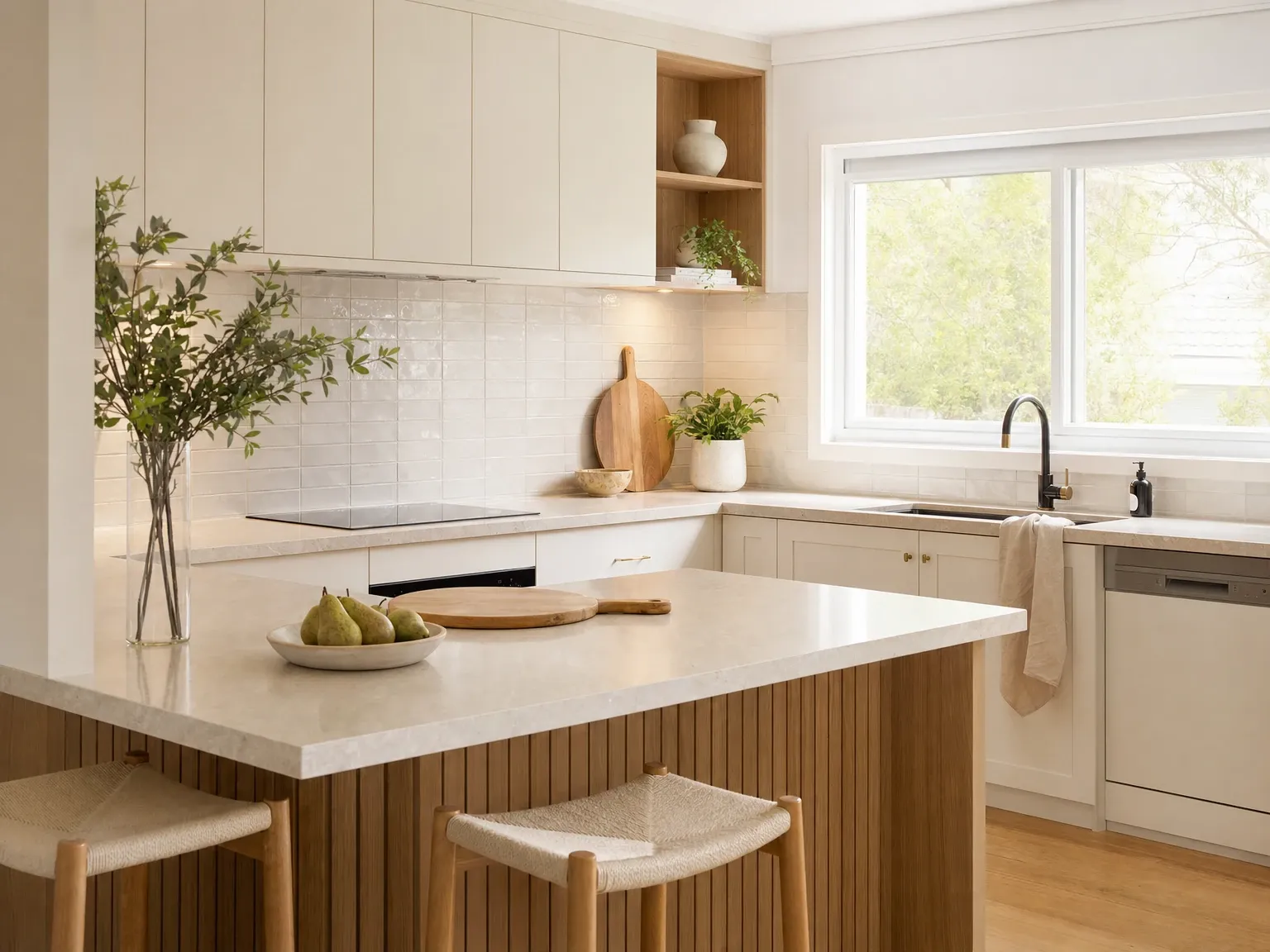 The same kitchen after a warm contemporary restyling with white cabinetry, stone benchtop and timber accents